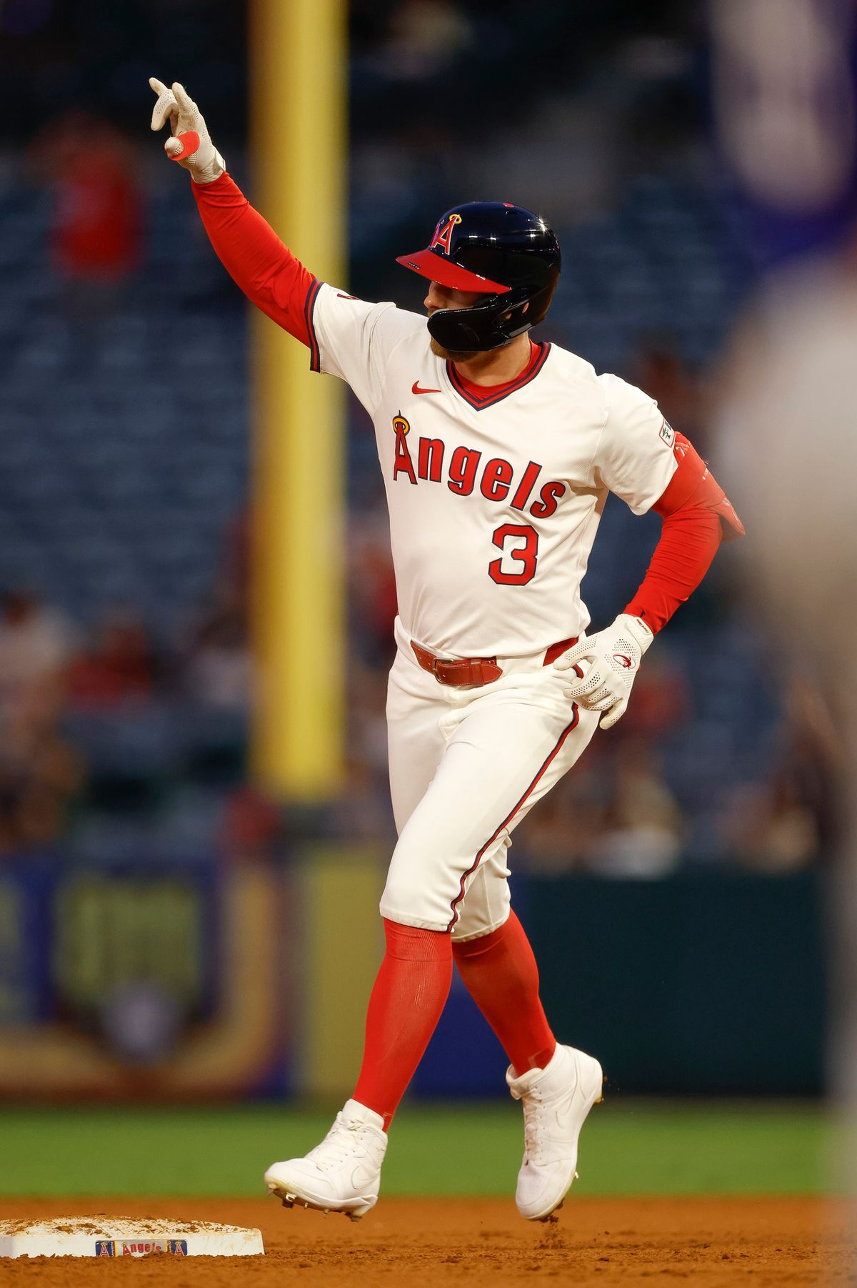 Taylor Ward #3 of the Los Angeles Angels celebrates a home run during a game against the Texas Rangers at Angel Stadium on July 10, 2025, in Anaheim, California.