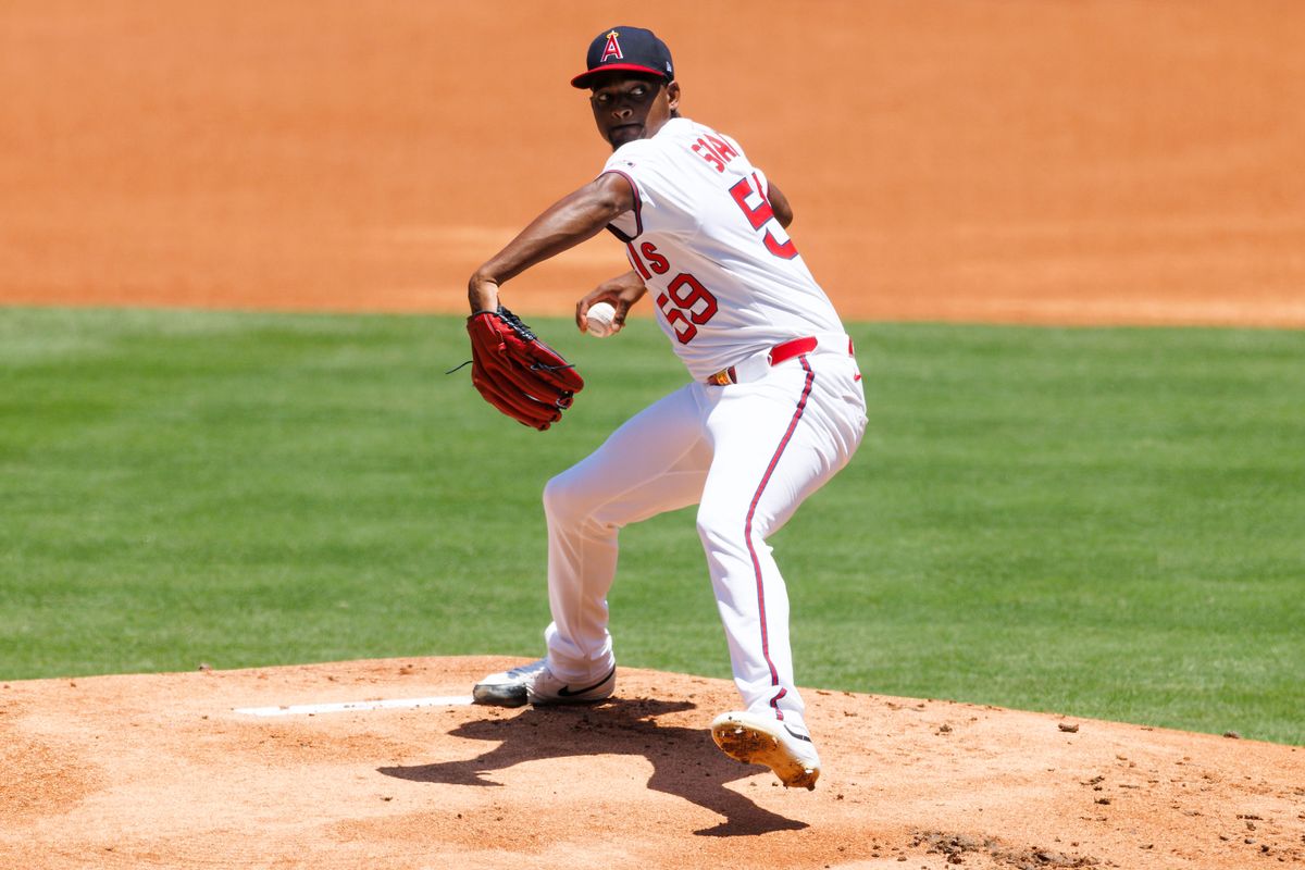  José Soriano #59 of the Los Angeles Angels pitches during the game against the Arizona Diamondbacks at Angel Stadium of Anaheim on July 13, 2025 in Anaheim, California. 