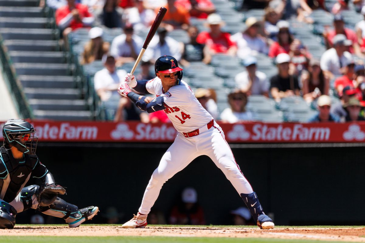 Logan O’Hoppe #14 of the Los Angeles Angels at bat during the game against the Arizona Diamondbacks at Angel Stadium of Anaheim on July 13, 2025 in Anaheim, California. 