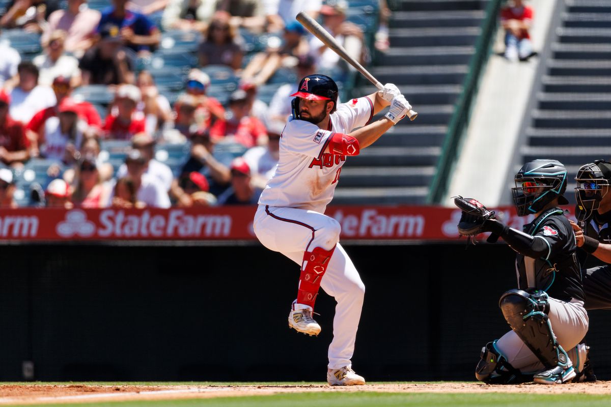 Nolan Schanuel #18 of the Los Angeles Angels at bat during the game against the Arizona Diamondbacks at Angel Stadium of Anaheim on July 13, 2025 in Anaheim, California. 
