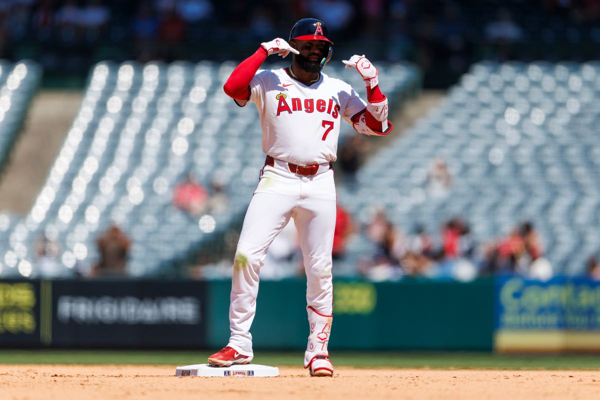 Jo Adell #7 of the Los Angeles Angels celebrates a double during the game against the Arizona Diamondbacks at Angel Stadium of Anaheim on July 13, 2025 in Anaheim, California.