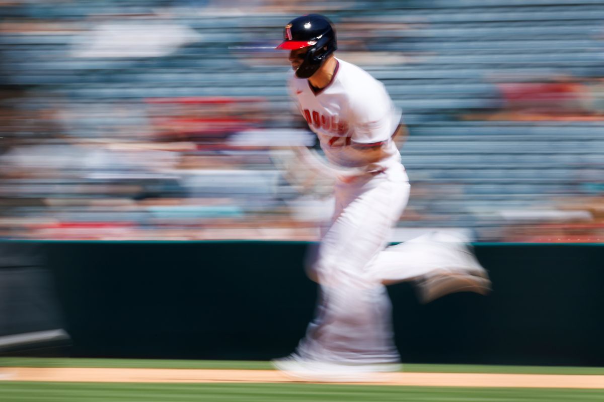 Mike Trout #27 of the Los Angeles Angels runs during the game against the Arizona Diamondbacks at Angel Stadium of Anaheim on July 13, 2025 in Anaheim, California.