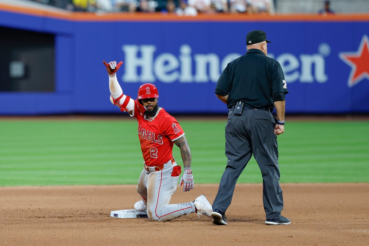 Luis Rengifo #2 of the Los Angeles Angels celebrates a double against the New York Mets at Citi Field on July 22, 2025 in Flushing, NY. Luis Rengifo #2 of the Los Angeles Angels celebrates a double against the New York Mets at Citi Field on July 22, 2025 in Flushing, NY.