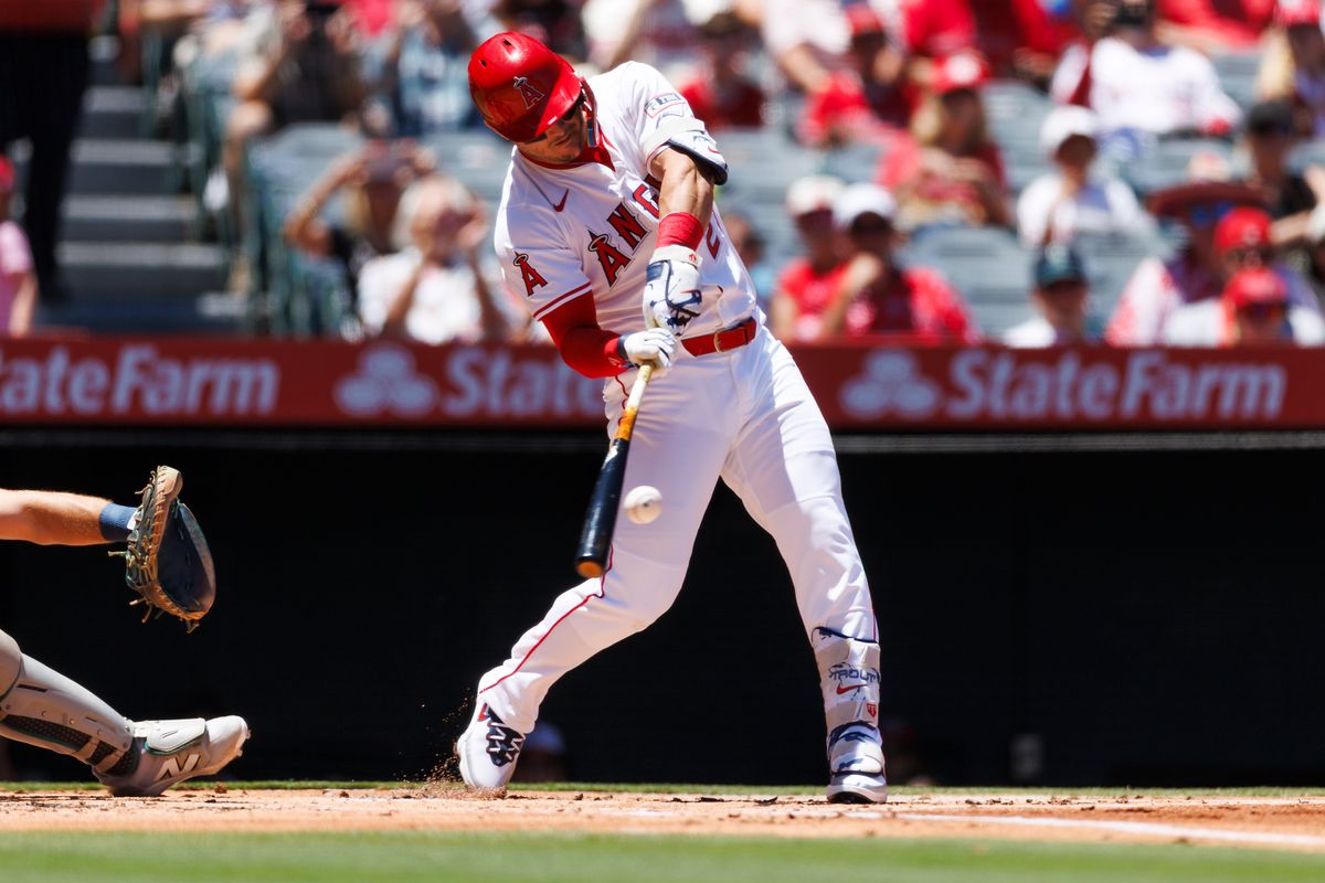 Mike Trout #27 of the Los Angeles Angels hits during the game against the Seattle Mariners at Angel Stadium of Anaheim on July 27, 2025 in Anaheim, California. 