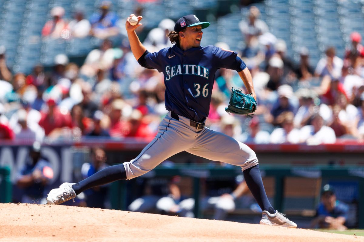 Logan Gilbert #36 of the Seattle Mariners pitches during the game against the Los Angeles Angels at Angel Stadium of Anaheim on July 27, 2025 in Anaheim, California. 