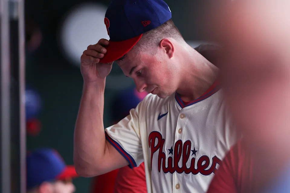 Philadelphia Phillies pitcher Mick Abel (40) in the dugout after being relieved during the second inning against the San Diego Padres at Citizens Bank Park.Bill Streicher-Imagn Images