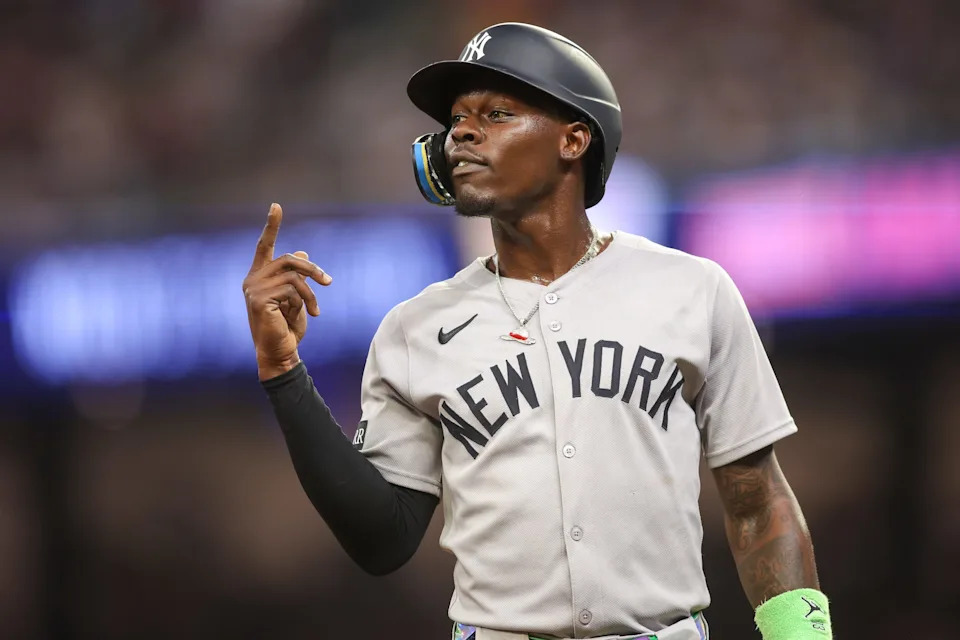 New York Yankees second baseman Jazz Chisholm Jr. (13) on third base against the Atlanta Braves in the sixth inning at Truist Park in Atlanta, Georgia on July 19, 2025.