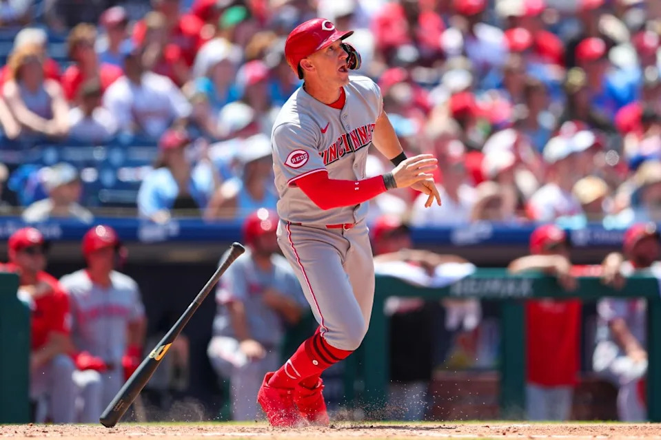 Austin Hays of the Cincinnati Reds reacts after hitting a solo home run in the fifth inning against the Philadelphia Phillies at Citizens Bank Park on July 6, 2025 Getty Images