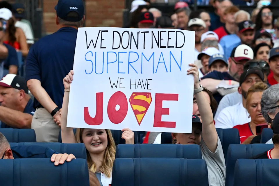 CLEVELAND, OHIO - JULY 23: Cleveland Guardians fans hold a sign during the second inning against the Baltimore Orioles at Progressive Field on July 23, 2025 in Cleveland, Ohio. (Photo by Nick Cammett/Getty Images)