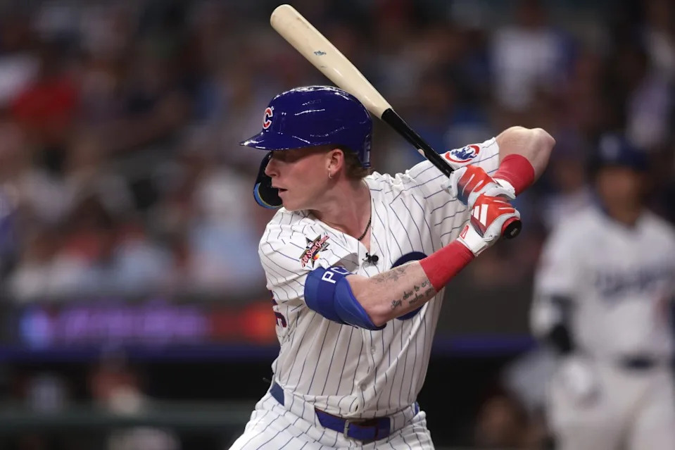 National League outfielder Pete Crow-Armstrong (4) of the Chicago Cubs hits a double in the second inning during the 2025 MLB All Star Game at Truist Park. Brett Davis-Imagn Images