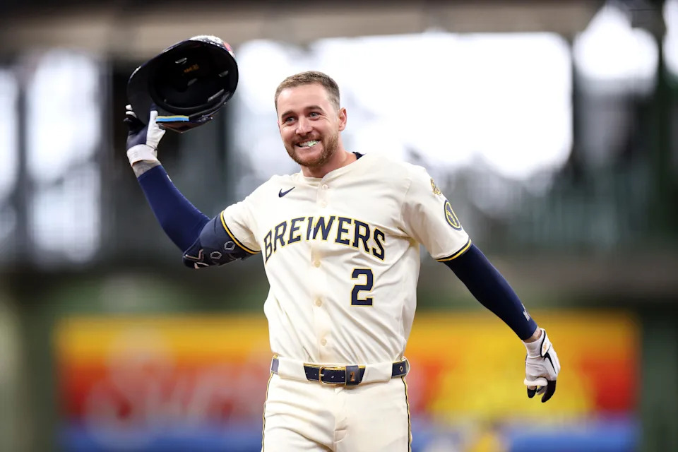 MILWAUKEE, WISCONSIN - APRIL 02: Brice Turang #2 of the Milwaukee Brewers celebrates following a walk off RBI against the Kansas City Royals during the eleventh inning at American Family Field on April 02, 2025 in Milwaukee, Wisconsin. (Photo by Stacy Revere/Getty Images)