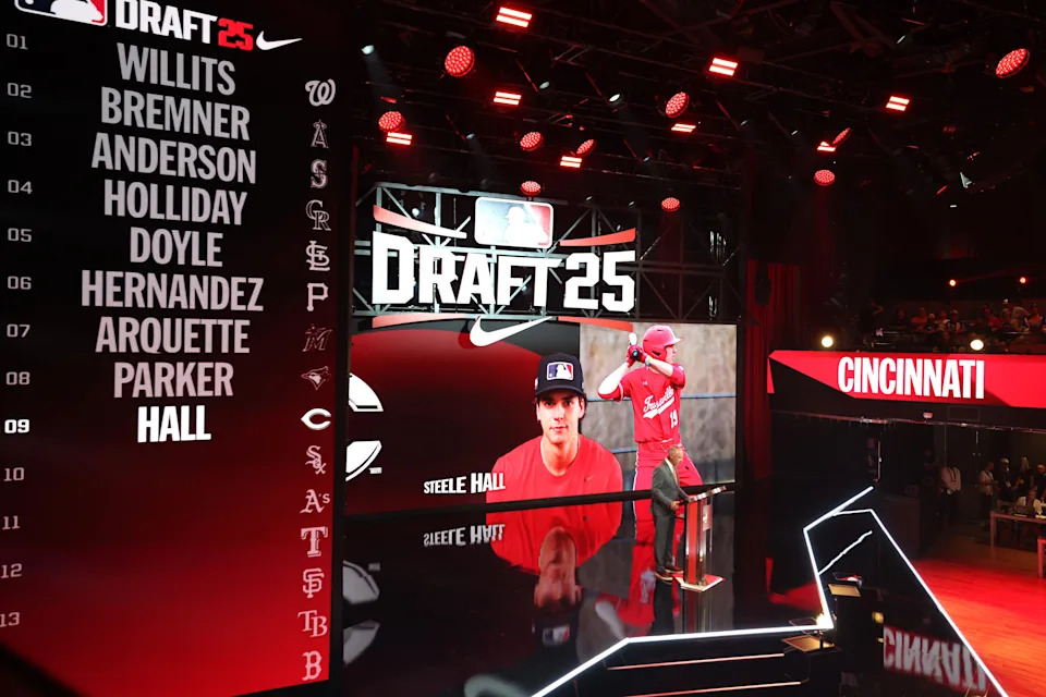 ATLANTA, GEORGIA - JULY 13: Major League Baseball commissioner Robert D. Manfred Jr. announces Steele Hall as the ninth overall pick, by the Cincinnati Reds in the first round of the 2025 MLB Draft at Coca-Cola Roxy on July 13, 2025 in Atlanta, Georgia. (Photo by Jamie Squire/Getty Images)