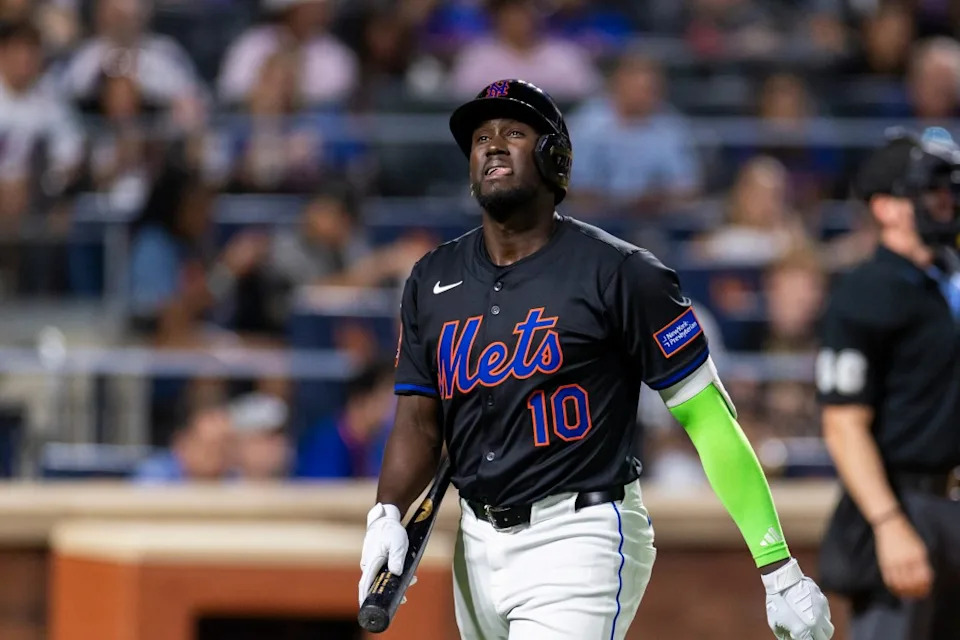 New York Mets third base Ronny Mauricio (10) strikes out in the seventh inning against the Cincinnati Reds at Citi Field, Friday, July 18, 2025, in Queens, NY. Corey Sipkin for the NY POST