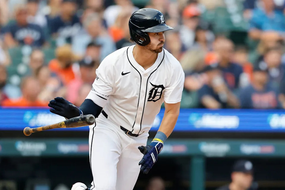 Detroit Tigers third baseman Zach McKinstry (39) hits an RBI double in the fourth inning against the Tampa Bay Rays at Comerica Park in Detroit on Wednesday, July 9, 2025.