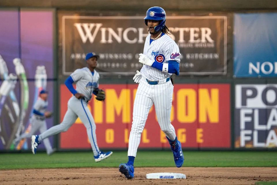 Iowa Cubs' Kevin Alcantara (9) rounds second base on Friday, March 28, 2025, at Principal Park in Des Moines.