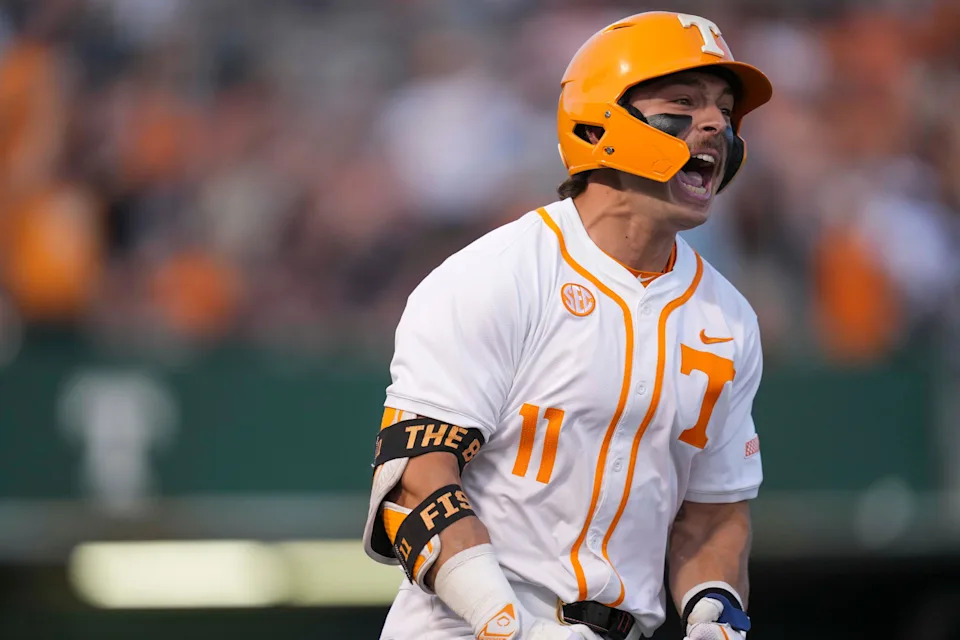 Tennessee infielder Andrew Fischer (11) yells in celebration after hitting his second home run of the night during a NCAA baseball game between Tennessee and Texas A&M at Lindsey Nelson Stadium on Friday, April 4, 2025.