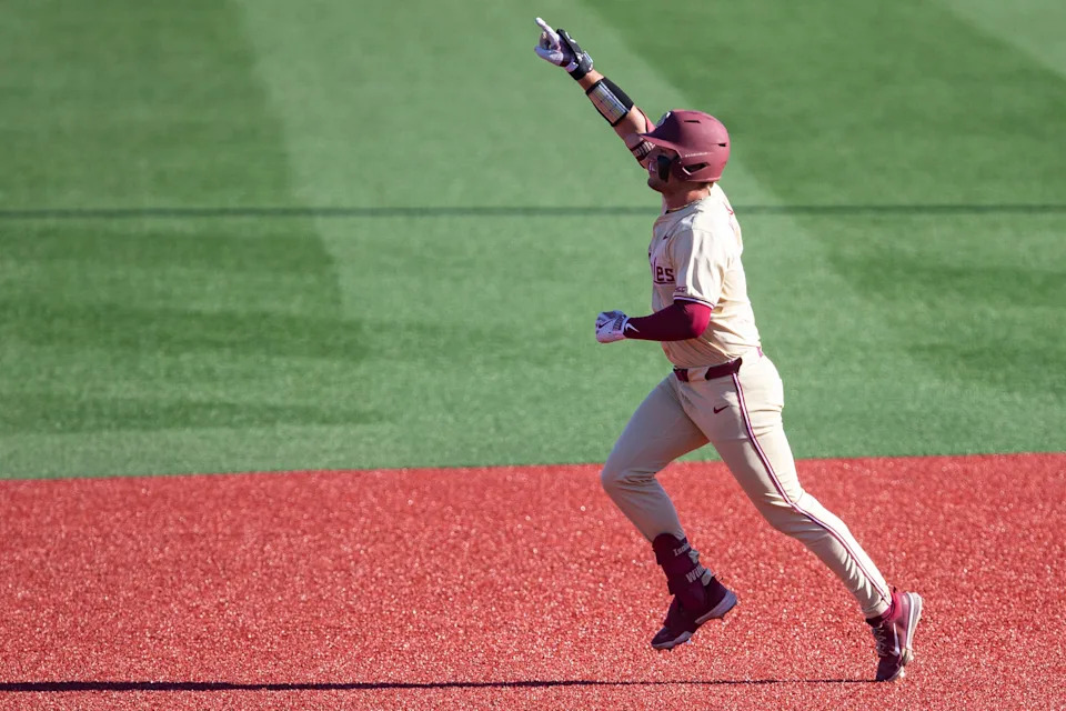 Florida State's Max Williams hits a two-run homer during game three of the Corvallis Super Regional of the NCAA Tournament at Goss Stadium on Sunday, June 8, 2025, in Corvallis, Ore.