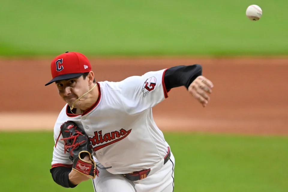 Jul 19, 2025; Cleveland, Ohio, USA; Cleveland Guardians starting pitcher Logan Allen (26) delivers a pitch in the first inning against the Athletics at Progressive Field. Mandatory Credit: David Richard-Imagn Images