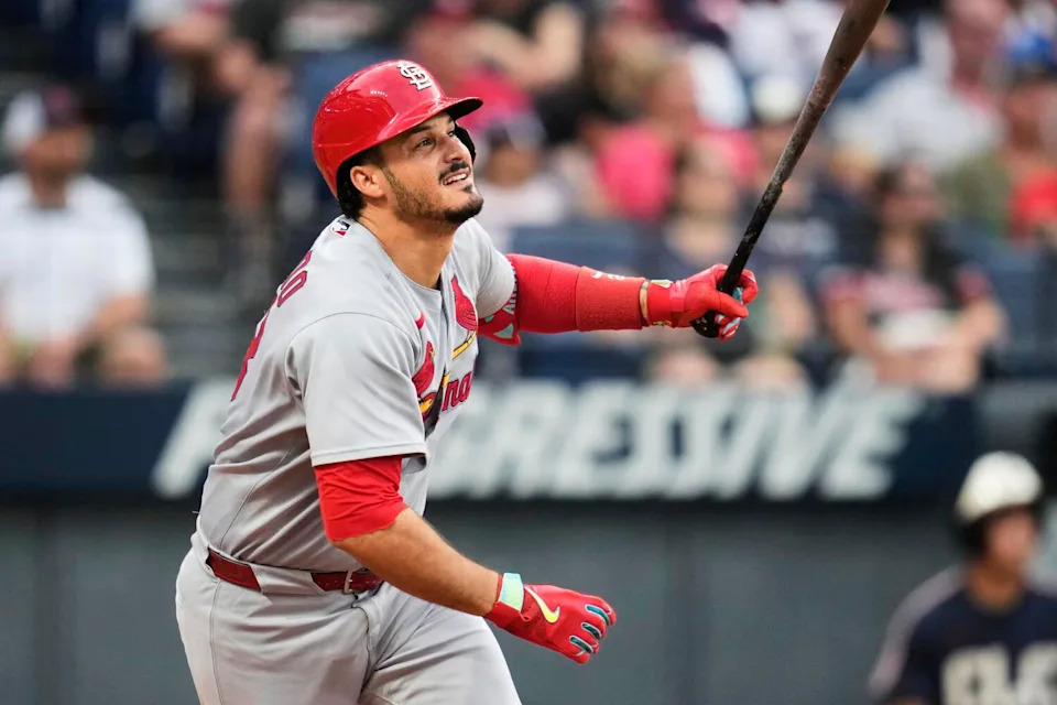The Cardinals' Nolan Arenado watches his double in the sixth inning of a game against the Guardians