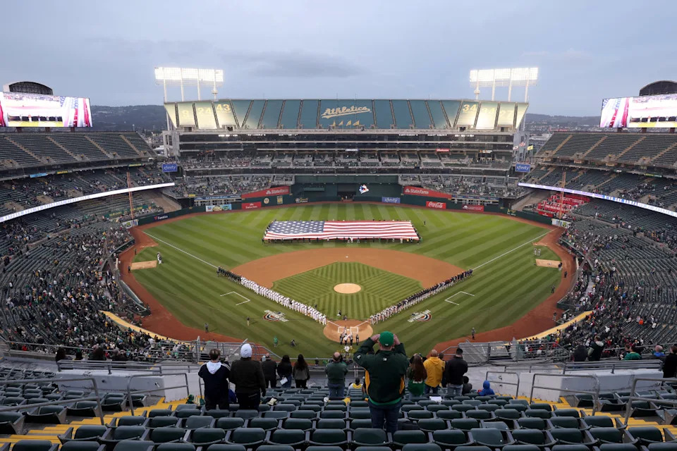 OAKLAND, CALIFORNIA - MARCH 28: A general view during the national anthem before the Oakland Athletics game against the Cleveland Guardians at Oakland Coliseum on March 28, 2024 in Oakland, California. (Photo by Ezra Shaw/Getty Images)Ezra Shaw&sol;Getty Images