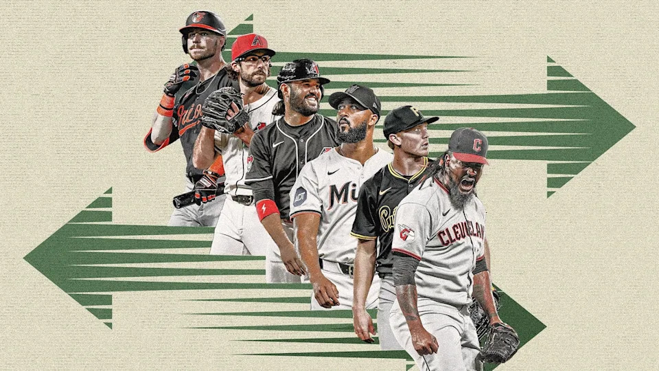 (From left) Ryan O'Hearn, Zac Gallen, Eugenio Suárez, Sandy Alcantara, Mitch Keller and Emmanuel Clase were all candidates to be traded, but only O'Hearn and Suárez changed teams. (Mallory Bielecki/Yahoo Sports)