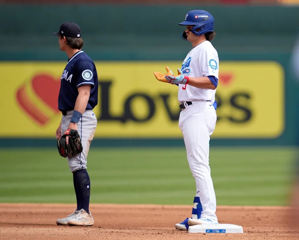 Oklahoma City's Alex Freeland (5) celebrates a double during the minor league baseball between the Oklahoma City Comets and the Tacoma Rainers a the Chickasaw Bricktown Ballpark in Oklahoma City, Wednesday, April, 16, 2025.