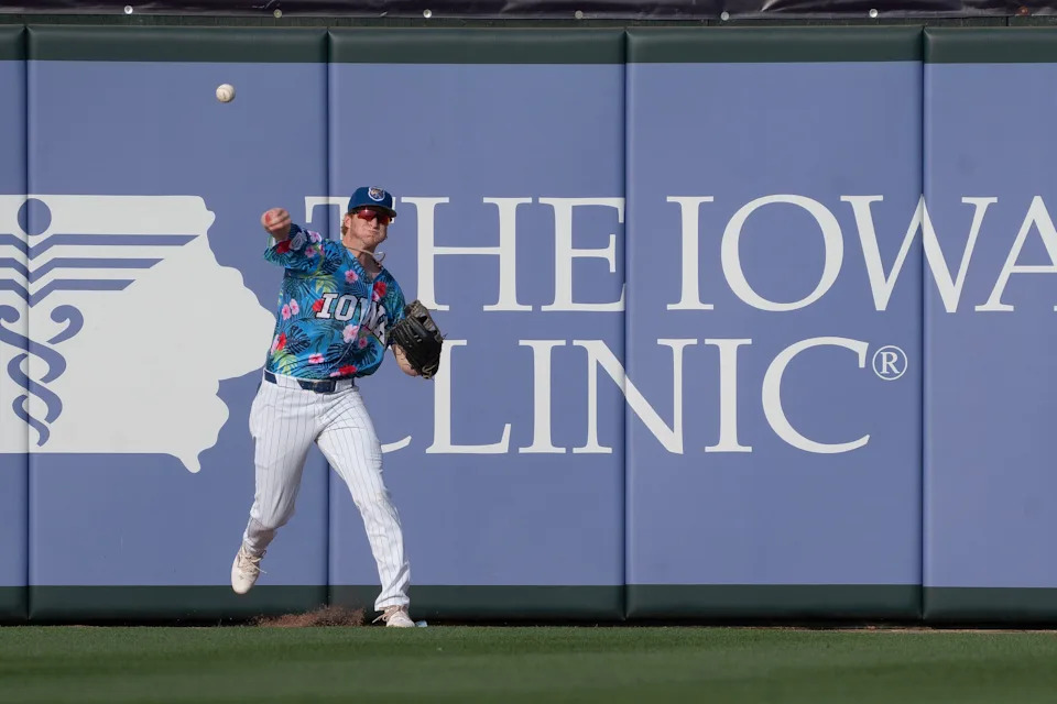 Iowa Cubs' Owen Caissie throws from the outfield during a game at Principal Park on June 14, 2025, in Des Moines.