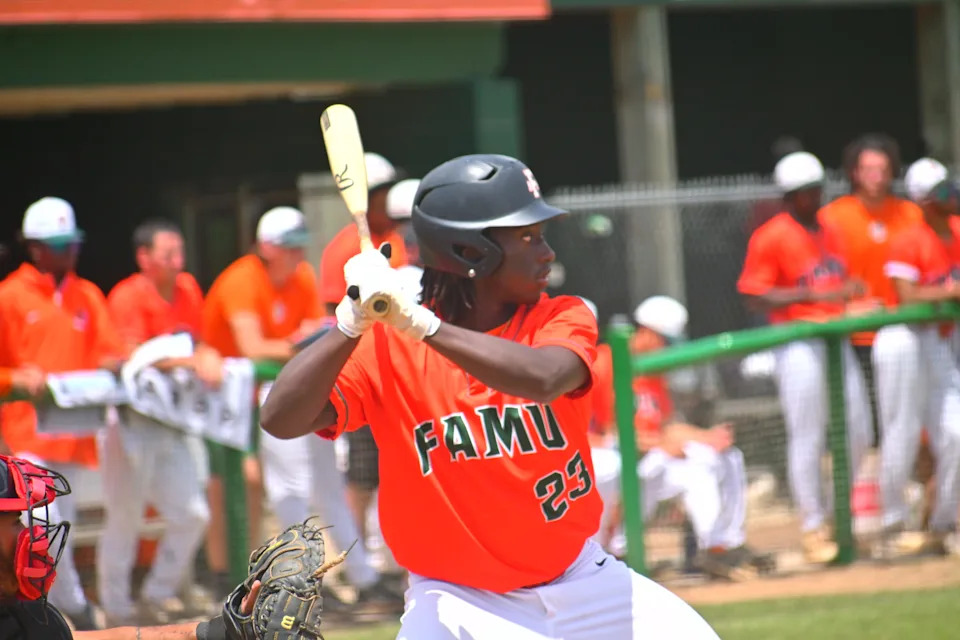 Florida A&M Rattlers infielder Jay Campbell prepares to bat in an NCAA Southwestern Athletic Conference baseball game versus the Grambling State Tigers at Moore-Kittles Field, Sunday, April 27, 2025.