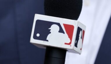 PITTSBURGH, PA - MAY 03: Detail view of the Major League Baseball logo on commentator microphone during an MLB game between the San Diego Padres and Pittsburgh Pirates on May 03, 2025 at PNC Park in Pittsburgh, Pennsylvania. (Photo by Joe Robbins/Icon Sportswire)