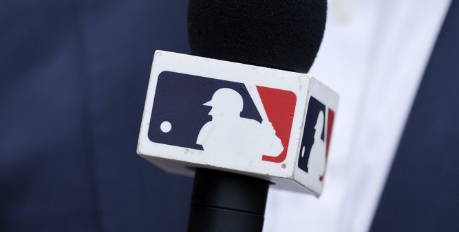 PITTSBURGH, PA - MAY 03: Detail view of the Major League Baseball logo on commentator microphone during an MLB game between the San Diego Padres and Pittsburgh Pirates on May 03, 2025 at PNC Park in Pittsburgh, Pennsylvania. (Photo by Joe Robbins/Icon Sportswire)