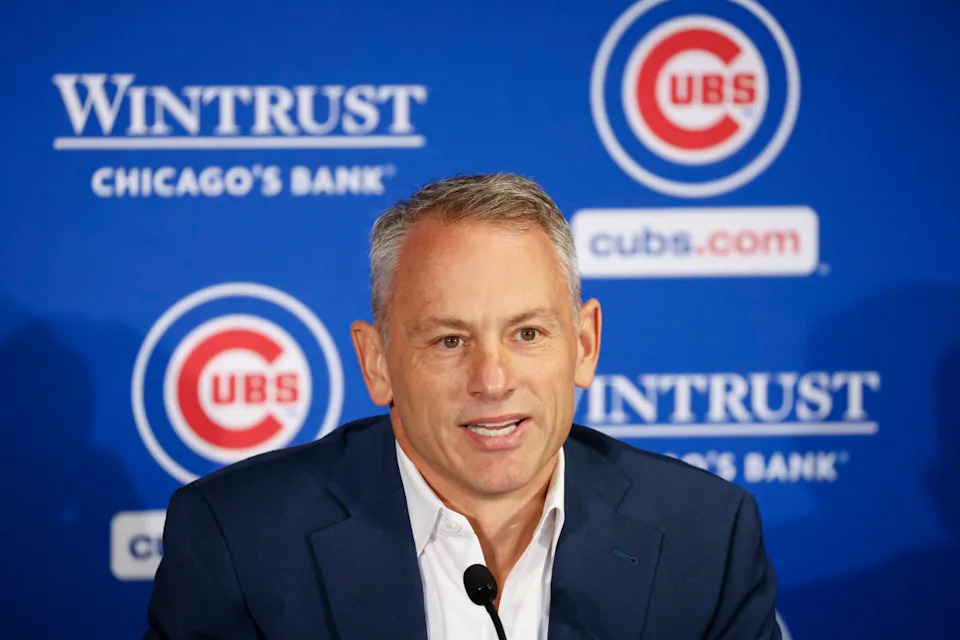 Chicago Cubs president of baseball operations Jed Hoyer speaks before introducing Craig Counsell as the new Cubs manager during a press conference in Chicago.Kamil Krzaczynski-Imagn Images