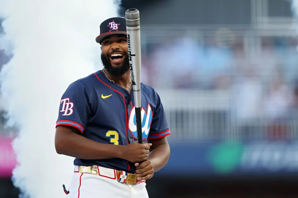 ATLANTA, GEORGIA - JULY 14: Junior Caminero #13 of the Tampa Bay Rays is introduced before the Home Run Derby at Truist Park on July 14, 2025 in Atlanta, Georgia.  (Photo by Kevin C. Cox/Getty Images)