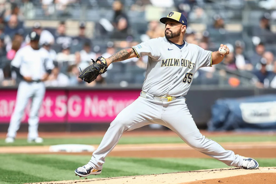 Mar 29, 2025; Bronx, New York, USA; Milwaukee Brewers starting pitcher Nestor Cortes (65) pitches in the first inning against the New York Yankees at Yankee Stadium. Mandatory Credit: Wendell Cruz-Imagn Images