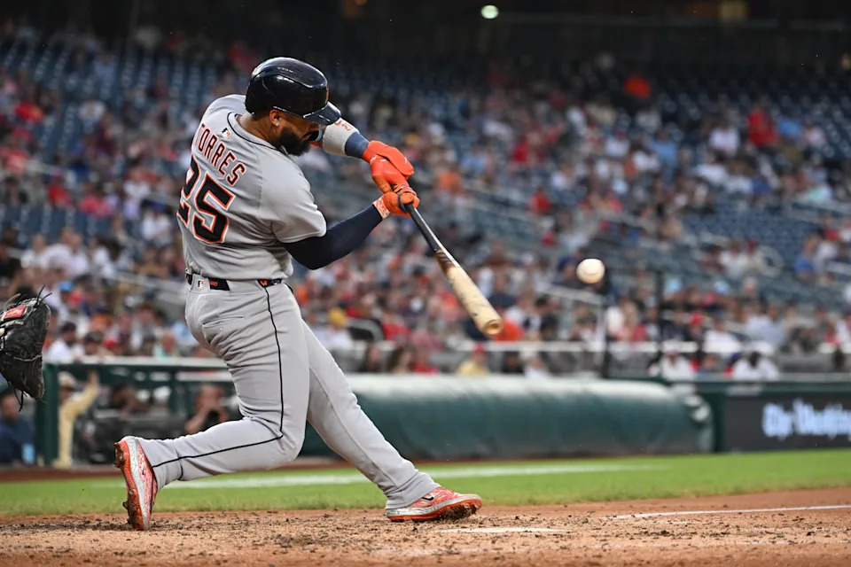 Detroit Tigers second baseman Gleyber Torres (25) hits the ball into play against the Washington Nationals during the fifth inning of Game 2 of a split doubleheader at Nationals Park in Washington on Wednesday, July 2, 2025.