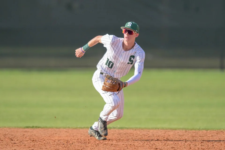 Detroit Tigers 2025 first-round pick Jordan Yost fields a ground ball while playing for Sickles High School in Tampa, Florida.