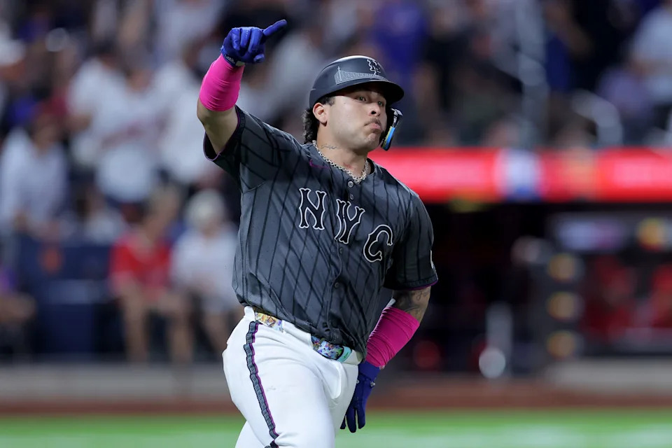 New York Mets catcher Francisco Alvarez (4) rounds the bases after hitting a two run home run against the Los Angeles Angels during the fifth inning on July 22, 2025, at Citi Field.