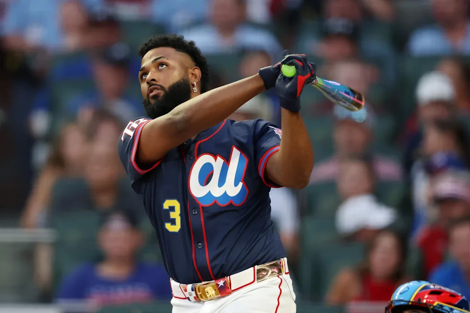 ATLANTA, GEORGIA - JULY 14: Junior Caminero #13 of the Tampa Bay Rays competes during the Home Run Derby at Truist Park on July 14, 2025 in Atlanta, Georgia.  (Photo by Kevin C. Cox/Getty Images)