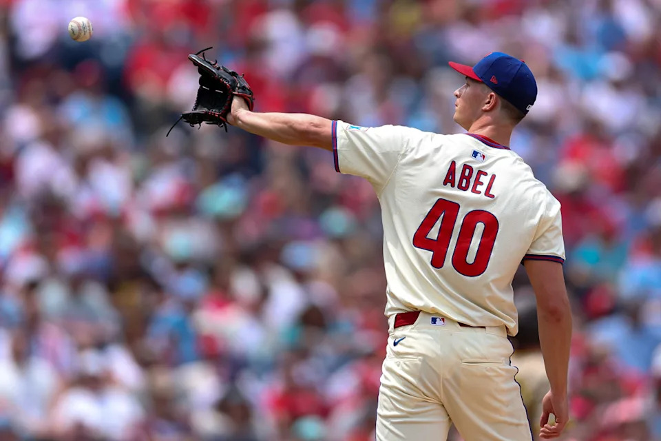 Philadelphia Phillies pitcher Mick Abel (40) catches a ball before throwing a pitch during the second inning against the San Diego Padres at Citizens Bank Park.Bill Streicher-Imagn Images