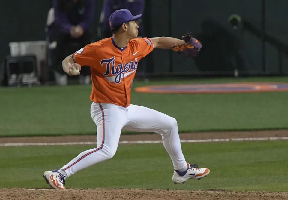 Clemson senior Lucas Mahlstedt (47) pitches against South Carolina during the top of the fifth inning at Doug Kingsmore Stadium in Clemson, S.C. Friday, February 28, 2025.
