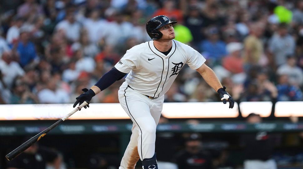 Detroit Tigers' Colt Keith watches his two-run home run against the Tampa Bay Rays in the seventh inning during a baseball game, Tuesday, July 8, 2025, in Detroit. (AP Photo/Paul Sancya)