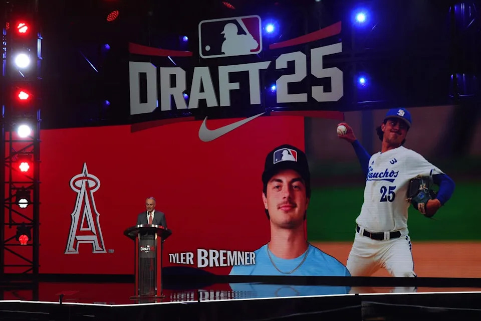 ATLANTA, GEORGIA - JULY 13: Major League Baseball commissioner Robert D. Manfred Jr. announces Tyler Bremner as the second overall pick, by the Los Angeles Angels, in the first round of the 2025 MLB Draft at Coca-Cola Roxy on July 13, 2025 in Atlanta, Georgia. (Photo by Jamie Squire/Getty Images) ORG XMIT: 776347387 ORIG FILE ID: 2224957271