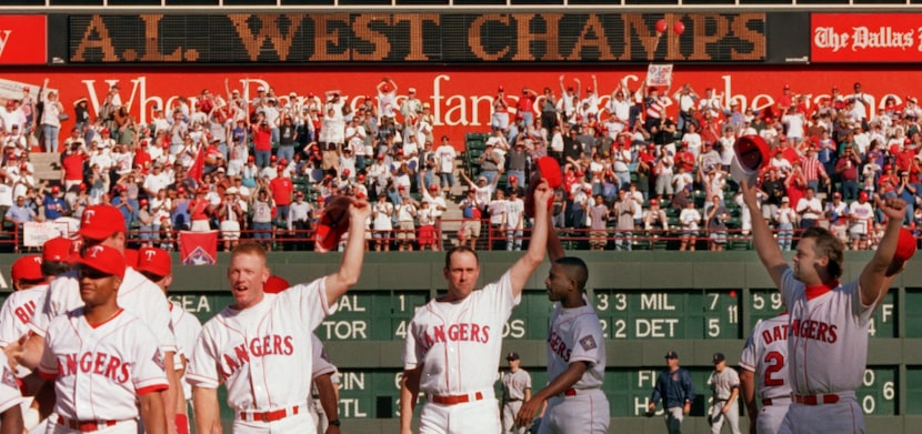 Rangers Rusty Greer, Will Clark, Darren Oliver, and Roger Pavlik, right, all tip their cap...