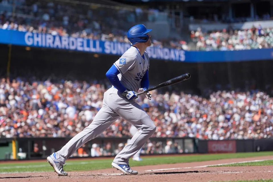 Dodgers' Freddie Freeman watches his RBI single during the 11th inning of last Sunday's game against the San Francisco Giants