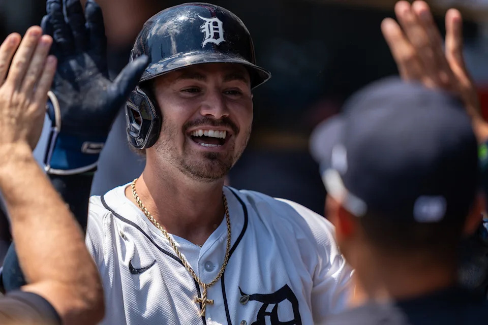 Detroit Tigers Zach McKinstry smiles as he celebrates after hitting a home run against the Twins at Comerica Park in Detroit on Saturday, June 28, 2025.
