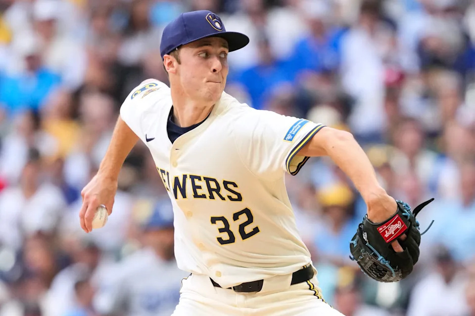 Jul 8, 2025; Milwaukee, Wisconsin, USA; Milwaukee Brewers pitcher Jacob Misiorowski (32) throws a pitch during the first inning against the Los Angeles Dodgers at American Family Field. Mandatory Credit: Jeff Hanisch-Imagn ImagesJeff Hanisch-Imagn Images