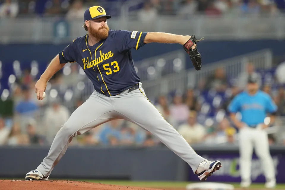 Brewers starting pitcher Brandon Woodruff throws a pitch in the first inning against the Miami Marlins at loanDepot Park. Mandatory Credit: