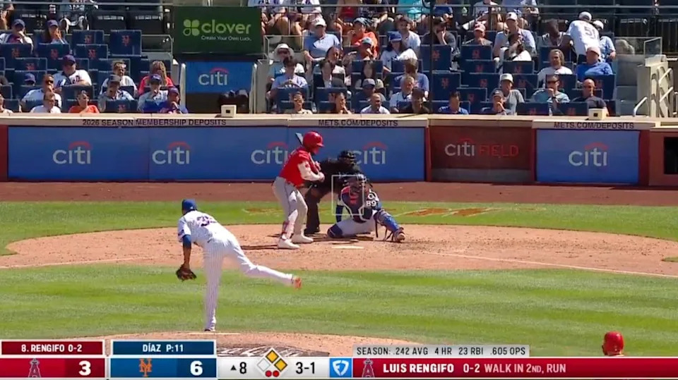 Edwin Diaz had a ton of help retiring Luis Rengifo in the eighth inning on Wednesday. Jomboy Media/X