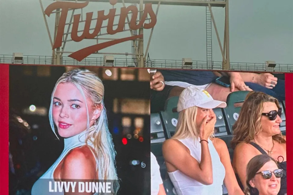 Livvy Dunne was used as her own celebrity look-alike during the Pirates’ game against the Twins on July 11. Screengrab via X/@AaronGleeman