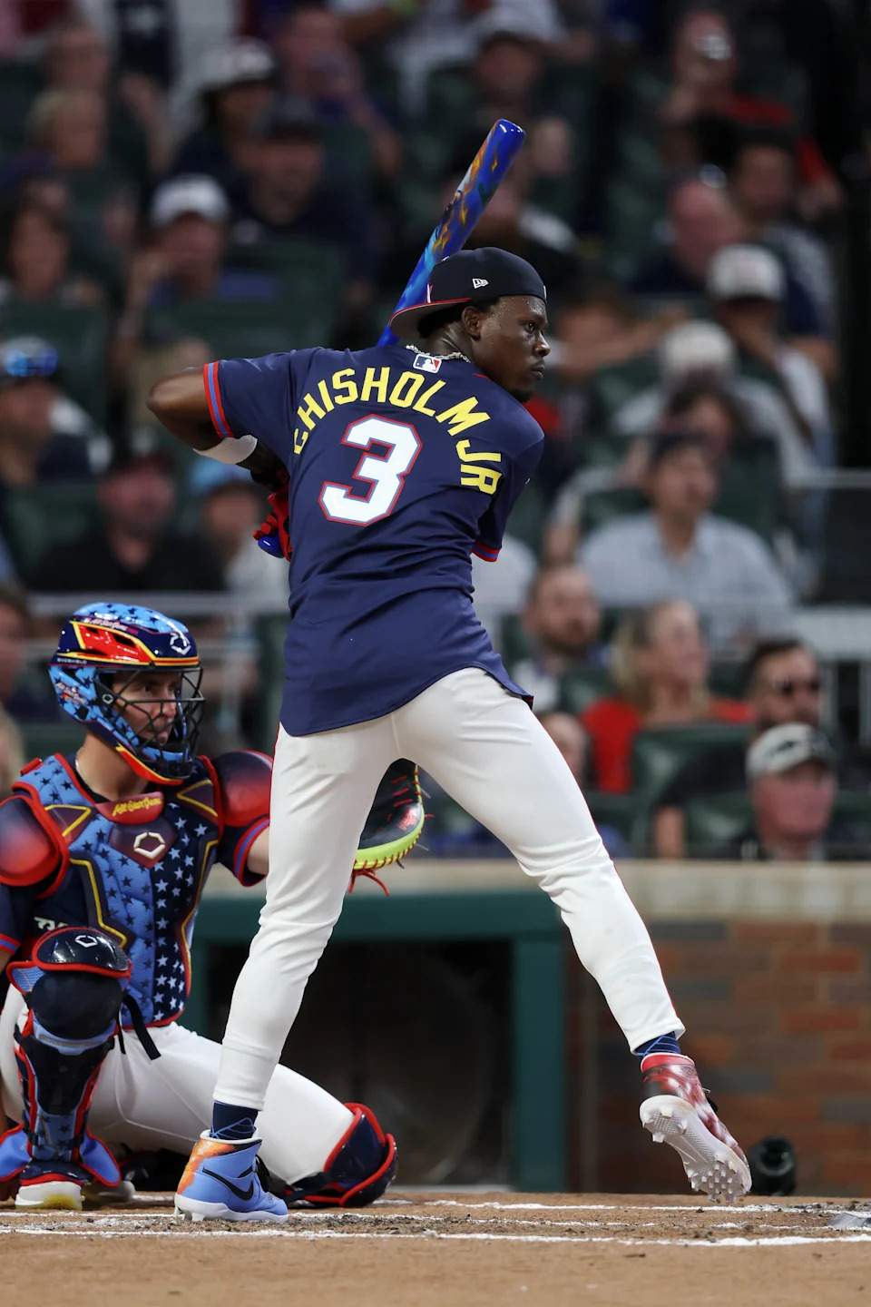 ATLANTA, GEORGIA - JULY 14: Jazz Chisholm Jr. #13 of the New York Yankees competes during the Home Run Derby at Truist Park on July 14, 2025 in Atlanta, Georgia.  (Photo by Jamie Squire/Getty Images)