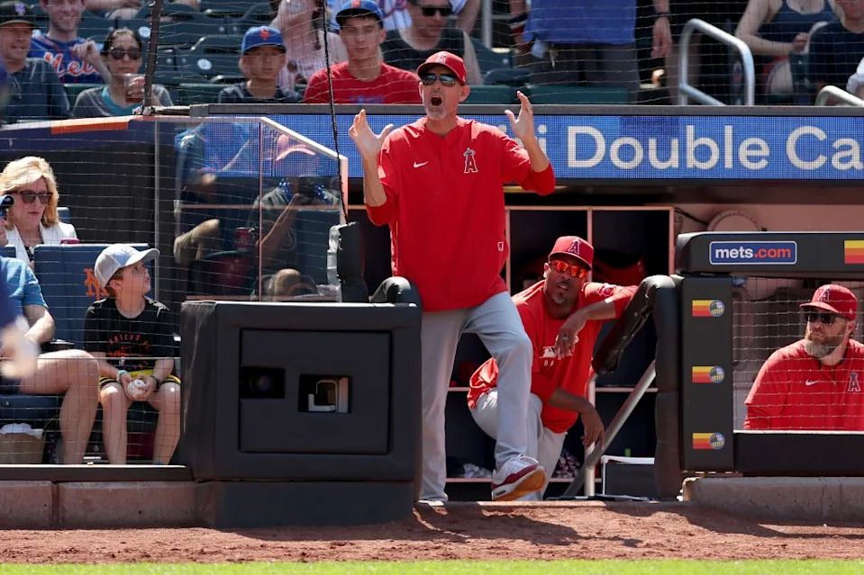 Interim manager Ray Montgomery of the Los Angeles Angels complains about a call during the eighth inning of their game against the New York Mets at Citi Field on July 23, 2025 in New York City. Getty Images